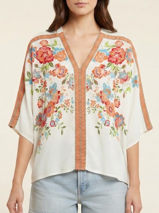 Rose & Olive Tops - Rose & Olive White Floral Kimono Top with Orange Trim and Multicolor Blooms